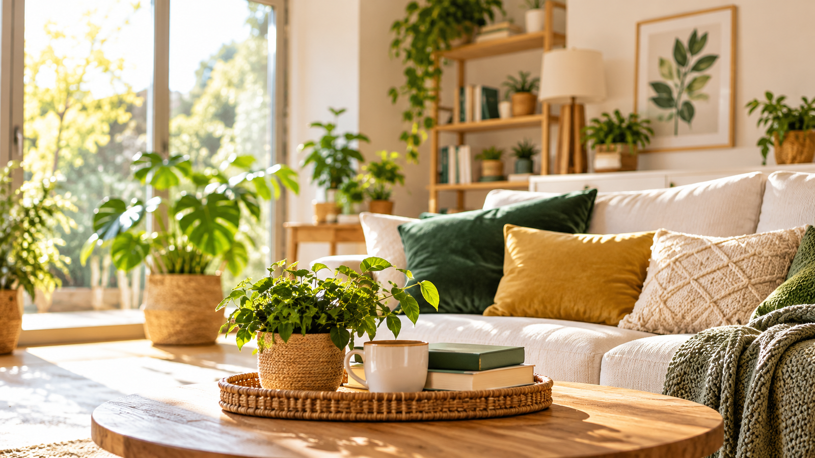 Home Przytulny, jasny salon z roślinami, naturalnym drewnem i zielonymi dodatkami, Zdrowe Domostwo